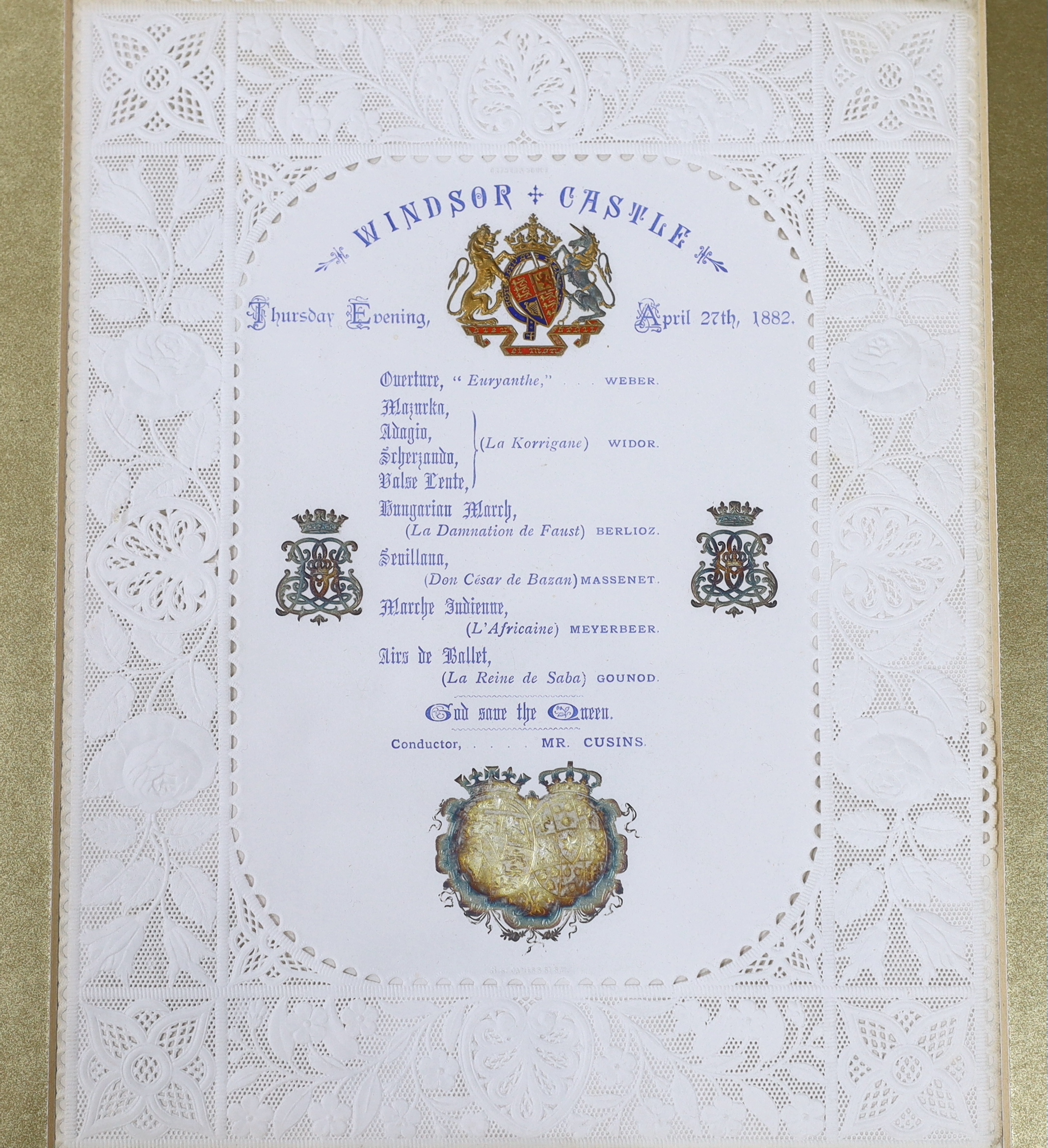 Royal interest - 19th century pierced paper opera programme, Windsor Castle, 27th April, 1882, impressed Ortner & Houle, 25 x 19.5cm